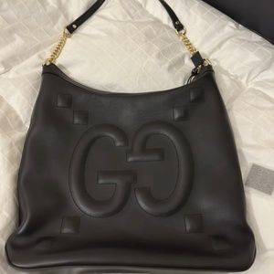 Gucci Large  Apollo Embossed GG  Black Leather Hobo Shoulder Bag With Gold NWT
